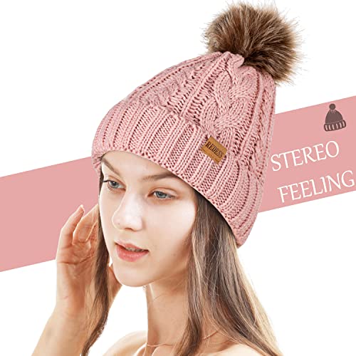 REDESS Women Winter Pompom Beanie Hat with Warm Fleece Lined Thick Slouchy Snow Knit Hat Skull Ski Cap - color: Dark Pink