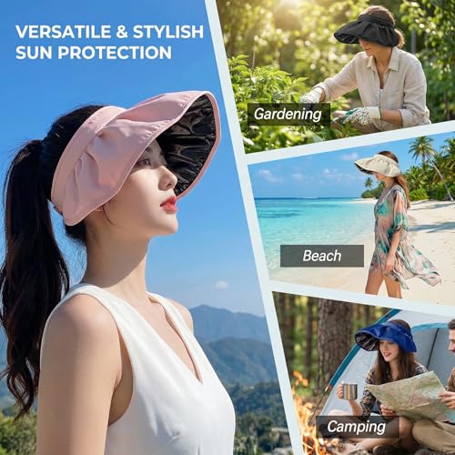 Sun Hats for Women UV Protection Wide Brim UPF 50+ Sun Visor Foldable Packable Empty Top Beach Hat Shell Hat Roll up Ponytail - color: Blue#a