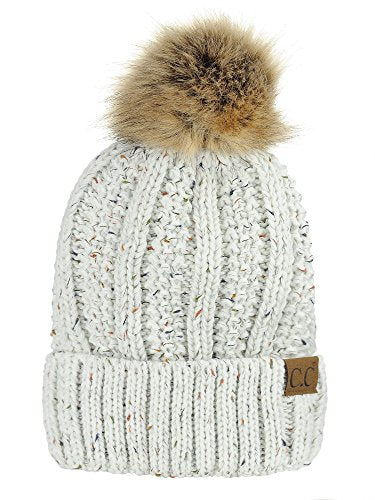 C.C Thick Cable Knit Faux Fuzzy Fur Pom Fleece Lined Skull Cap Cuff Beanie - color: Confetti Ivory