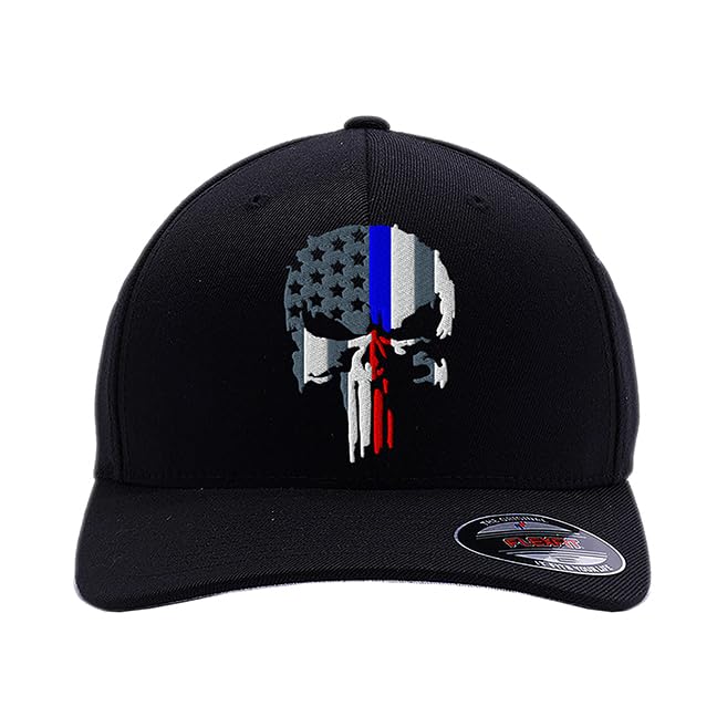 G&B Red Thin Red/Blue Line Spartan Helmet & Distressed Skull Flex Baseball Cap. Embroidered. 6277/6477 Flex Baseball Hat - color: Black-3, size: Large-X-Large