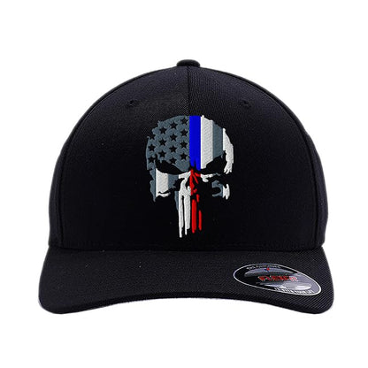G&B Red Thin Red/Blue Line Spartan Helmet & Distressed Skull Flex Baseball Cap. Embroidered. 6277/6477 Flex Baseball Hat - color: Black-3, size: Large-X-Large