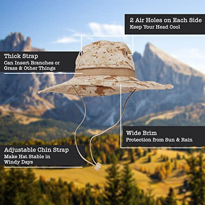BaHoki Essentials Military Style Bucket Hat - Camo Outdoor Hat with Adjustable Strap - Wide Brim Safari Hat - style: Digital Desert