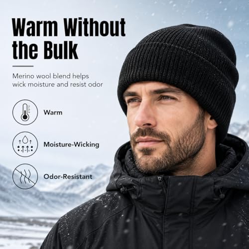 Men’s Plus Size M/L-XXL Merino Wool Beanie for Big Heads - color: Black, size: Medium-Large