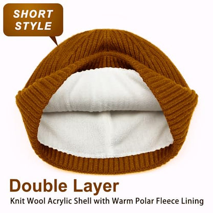 ROYBENS Swag Wool Knit Cuff Short Fisherman Beanie for Men Women Winter Hat - color: 1pcs-camel-thick Double Layer