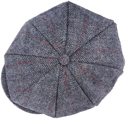 Mens Newsboy Cap High Woolen Tweed Gatsby Hat Ivy Cabbie Flat Golf Cap for Fathers Women Unisex - color: Herringbone Plaid Grey, size: 7 1/4-7 1/2