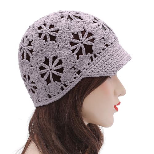 ZLYC Women Summer Slouchy Crochet Hat Handmade Cutout Skull Cap with Visor - color: Plain Light Purple, size: One Size