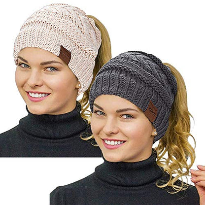 Rosoz 2 Pack Ponytail Beanie for Women,Winter Warm Beanie Tail Soft Stretch Cable Knit Messy High Bun Hat - color: 2pack-grey/Beige