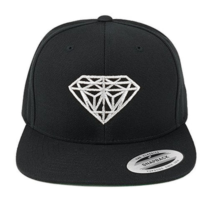 Diamond Embroidered Flat Bill Snapback Cap - color: Black With Metallic Silver Thread