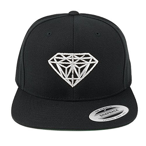 Diamond Embroidered Flat Bill Snapback Cap - color: Black With Metallic Silver Thread