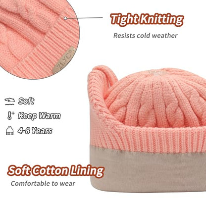 ZLYC Kids Girls Boy Winter Hat Cotton Lined Pom Pom Beanie Earflap Knit Cap - color: Solid Pink