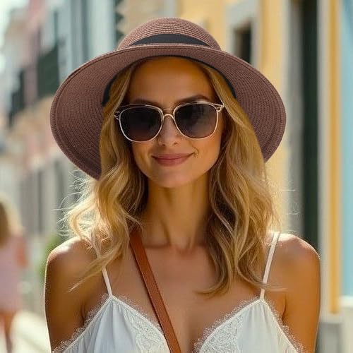 DRESHOW Sun Hats for Women Travel Fedora Foldable Beach Sun Hat Summer Wide Brim Straw Bucket Hat with Bowknot UPF 50+ - color: 1 Pack Bowknot Straw Hat: Brown