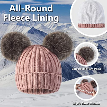 3 Pcs Women Winter Knit Beanie Hat Scarf Touchscreen Gloves Set Warm Soft Thick Fleece Lined Skull Cap with Double Pom Pom - color: Pink
