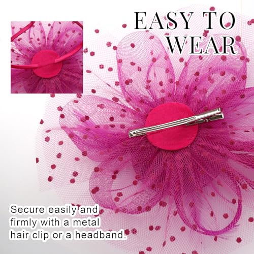 DRESHOW Fascinators Hat Flower Mesh Ribbons Feathers on a Headband and a Clip Tea Party Headwear for Girls and Women - color: 7" Diameter / Dark Reddish Purple