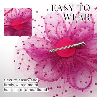 DRESHOW Fascinators Hat Flower Mesh Ribbons Feathers on a Headband and a Clip Tea Party Headwear for Girls and Women - color: 7" Diameter / Dark Reddish Purple