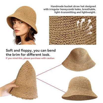 Women Sun Hat Hand-Woven Packable Beach Bucket Hat Summer Floppy UV Protection Hats - color: Coffee