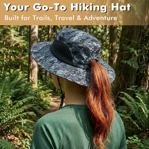 Tirrinia Sun Hats for Women, Wide Brim Hat with Ponytail Hole - color: Grey Digital Camo
