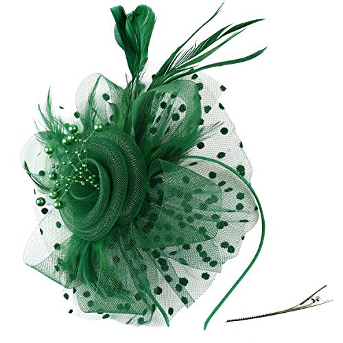 DRESHOW Fascinators Hat Flower Mesh Ribbons Feathers on a Headband and a Clip Tea Party Headwear for Girls and Women - color: 7" Diameter / Emerald Green