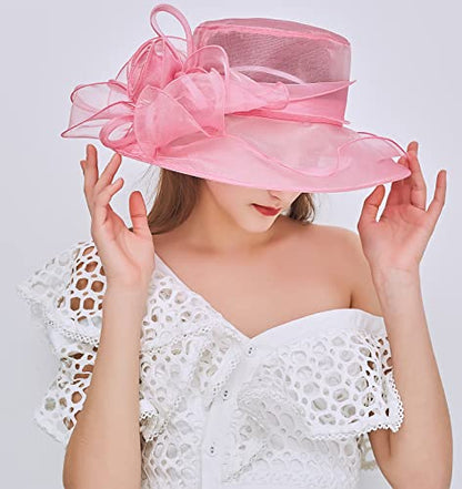 Women's Kentucky Derby Church Dress Hat Wide Brim Leaf Flower Bridal Shower Hat - color: F7 Rose Pink
