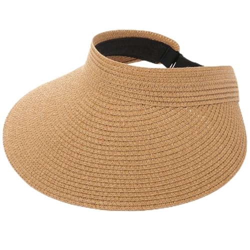 Chicingyou Sun Visor Hat for Women Wide Brim Straw Visors Beach Hat Ponytail UV UPF Packable Foldable Travel - color: Brown
