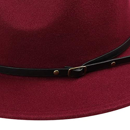 DRESHOW Women Classic Felt Fedora Wide Brim Floppy with Belt Buckle Panama Hat - color: 1 Pack: Felt Fedora Wine Red