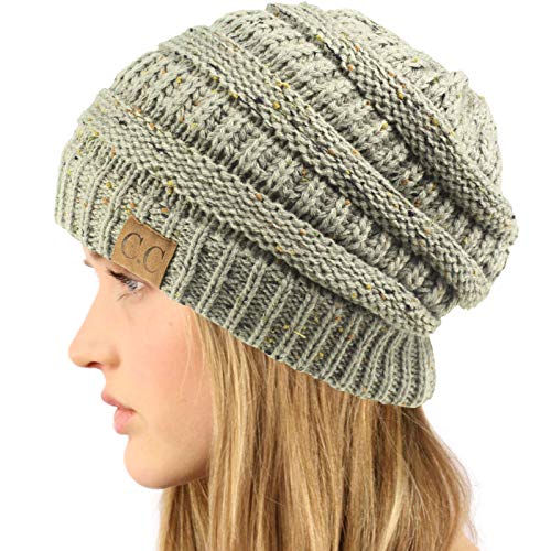 CC Classic Winter Fall Trendy Chunky Stretchy Cable Knit Beanie Hat - color: Confetti Natural Gray