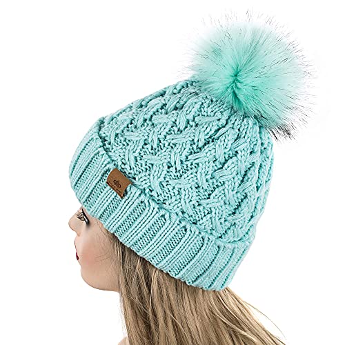 PAGE ONE Womens Winter Ribbed Beanie Crossed Cap Chunky Cable Knit Pompom Soft Warm Hat - color: Mint