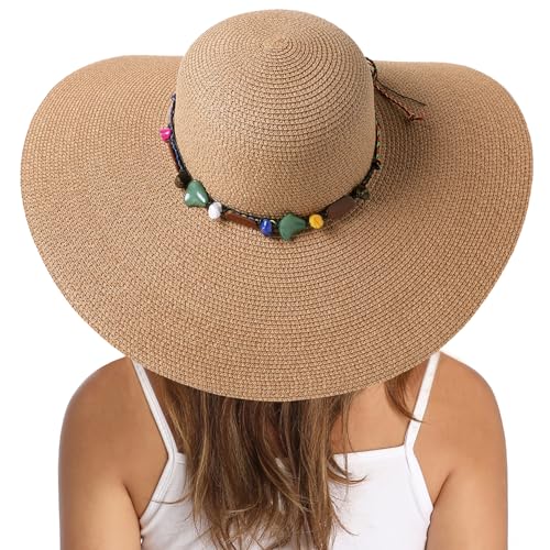 Lanzom Womens Wide Brim Straw Hat Big Floppy Foldable Roll up Cap Beach Sun Hat UPF 50+ - color: Rainbow Bead-khaki