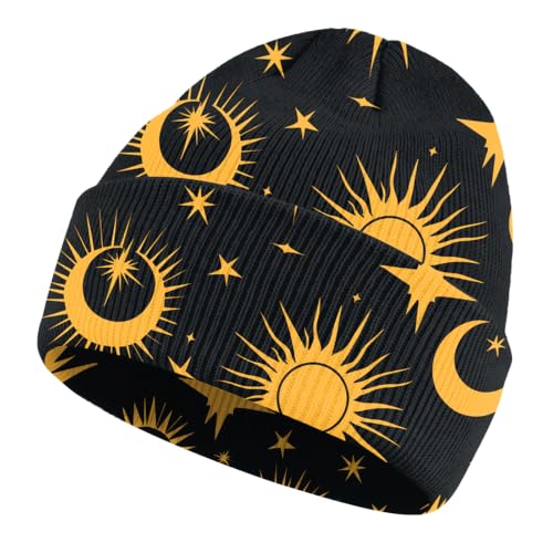 Kids Beanie Knit Hat Winter Unisex Cuffed Beanies Skull Cap Warm Double Layer Thick Acrylic Cute for Girls Boys - color: Sun Moon