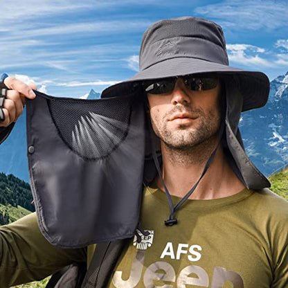 Fishing Hat for Men Sun Protection Hat with Removable Neck Flap Face Cover - color: Dark Grey
