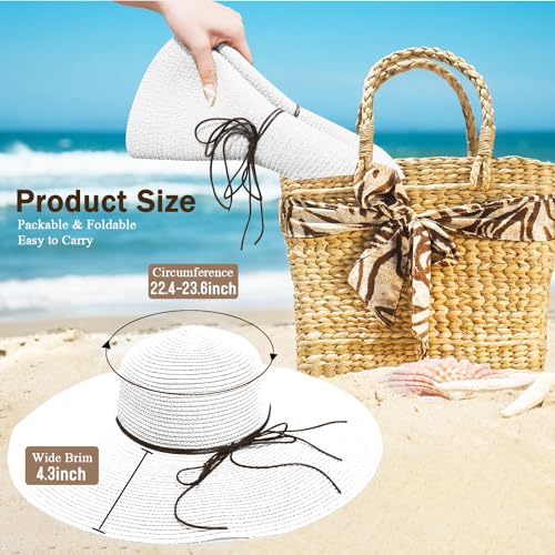Beach Hats for Women, Straw Sun Hat Floppy Wide Brim, Foldable UPF 50+ UV Protection Summer Hat - color: White