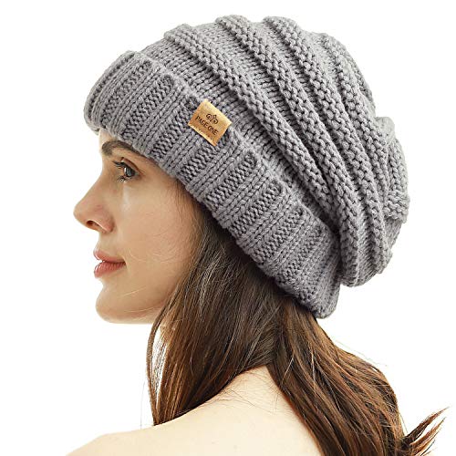 Womens Winter Beanie Warm Knit Hat Cable Stretch Trendy Ribbed Chunky Cap - color: Light Gray