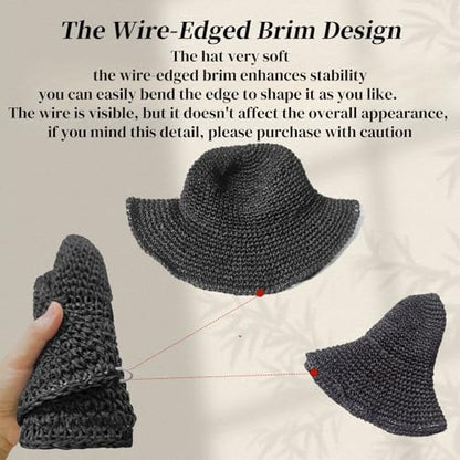 Floppy Big Beach Straw Hats for Women Foldable Summer Wide Brim Packable Sun Hat Womens Travel Straw Fedora Hat - color: Black-4