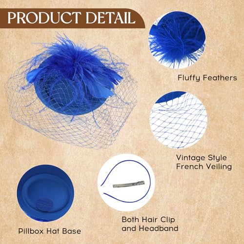 Fascinator Hat Veil Feather Fascinator Tea Party Bridal Wedding Veil Retro Hat Pillbox Hat - color: Blue