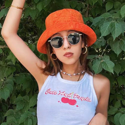 Cotton Terrycloth Bucket Hat for Women Fisherman Wide Brim Fishing Hat for Men Spring Fall Sun Protection Outfits - color: Orange
