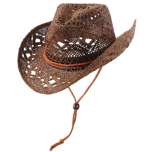 DRESHOW Straw Cowboy Cowgirl Hat for Women Men Western Coastal Cowboy Beach Hat with Shapeable Brim Unisex Rolled up Caps - color: 1 Pc Straw Woven Hollowed-out: Deep Coffee