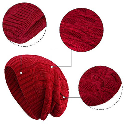 Surblue Unisex Trendy Beanie Warm Oversized Chunky Cable Knit Slouchy Woolen Hat - color: Wine Red