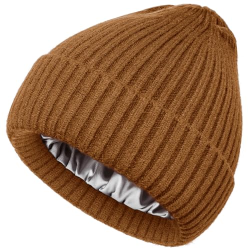 Satin Lined Wool Acrylic Blend Beanie Hat Women Men, Winter Knit Cap - color: Camel