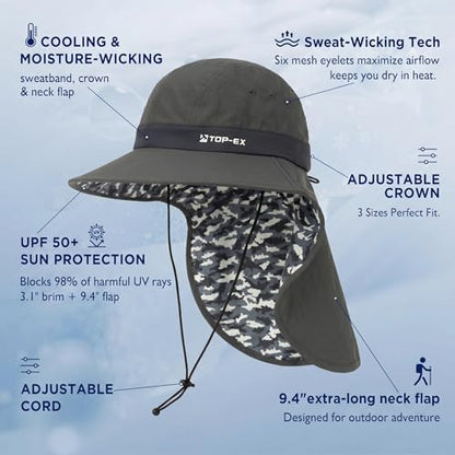 TOP-EX UPF 50+ Cooling Wide Brim Sun Hat for Men with Neck Flap, Packable - color: Dark Grey - Fish Camo, size: Large-X-Large