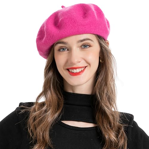 ZLYC Wool French Beret Hat Solid Color Classic Artist Cap for Women - color: Hot Pink