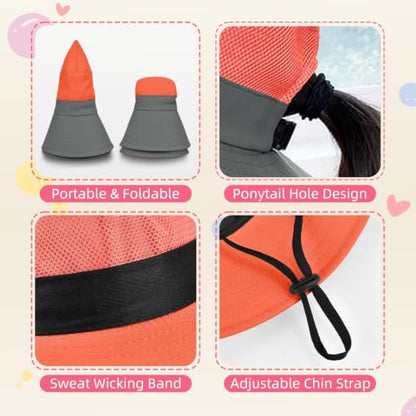 ZOORON Kids Girls Ponytail Sun Hat UPF 50+ Breathable Mesh Water-Resistant - color: Two-tone Orange