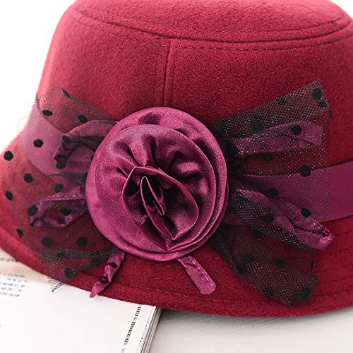 Glamorstar Vintage Felt Cloche Hat Winter Floral Fedora Bucket Hat Bowler Hats - color: Red Wine