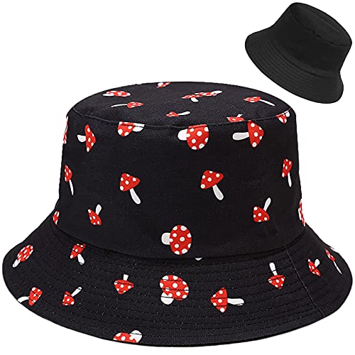 XYIYI Cute Bucket Hat Beach Fisherman Hats for Women, Reversible Double-Side-Wear - color: Mushroom Black