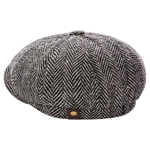 Men's Wool Newsboy Cap 8-Panel Tweed Taxi Hat Herringbone Gatsby Flat Hats - color: Dark Gray