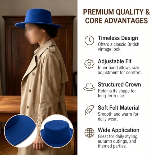 Black Flat Top Fedora Hat, Wool Blend Derby Cap Classic Formal Hat for Events & Daily Wear - color: Blue