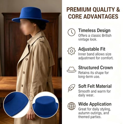 Black Flat Top Fedora Hat, Wool Blend Derby Cap Classic Formal Hat for Events & Daily Wear - color: Blue