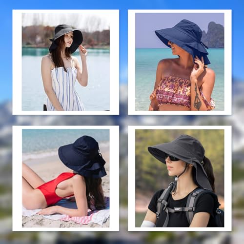 Womens Sun Hat UPF 50+ Wide Brim and Ponytail Hole, Hiking Safari Hat with Neck Flap… - color: Black