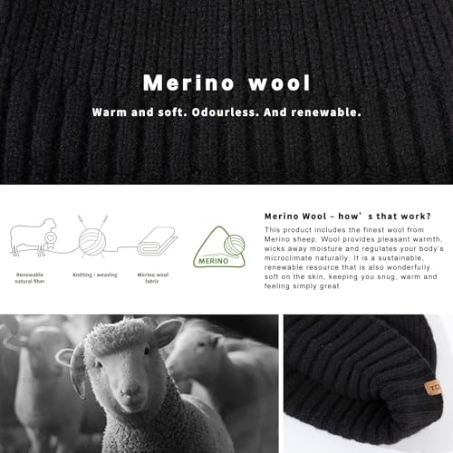 TOP-EX PolarWool™ 100% Merino Wool Short Fisherman Beanie Men Women - color: Black, size: Medium-Large