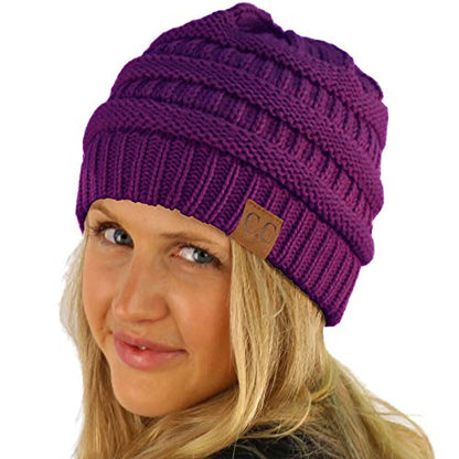 CC Classic Winter Fall Trendy Chunky Stretchy Cable Knit Beanie Hat - color: Solid Dk. Purple