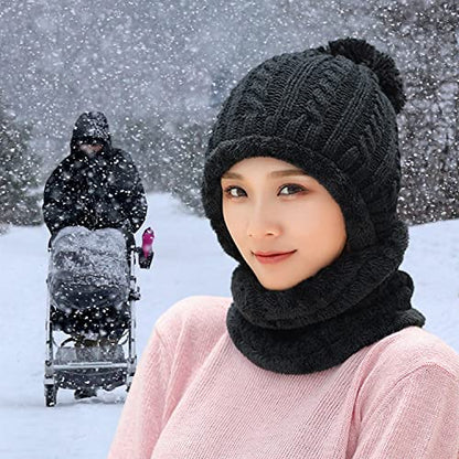 HUAMULAN Women Winter Knit Beanie Hats One Piece Fleece Lined Balaclavas - color: Black
