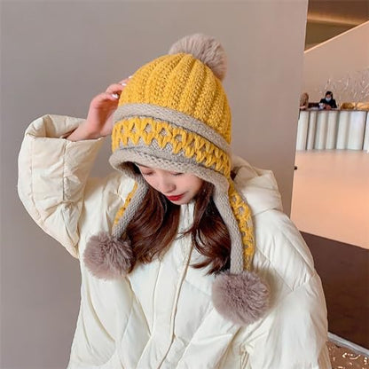 HUAMULAN Women Winter Peruvian Beanie Hat Ear Flaps Fleece Lining - color: Yellow